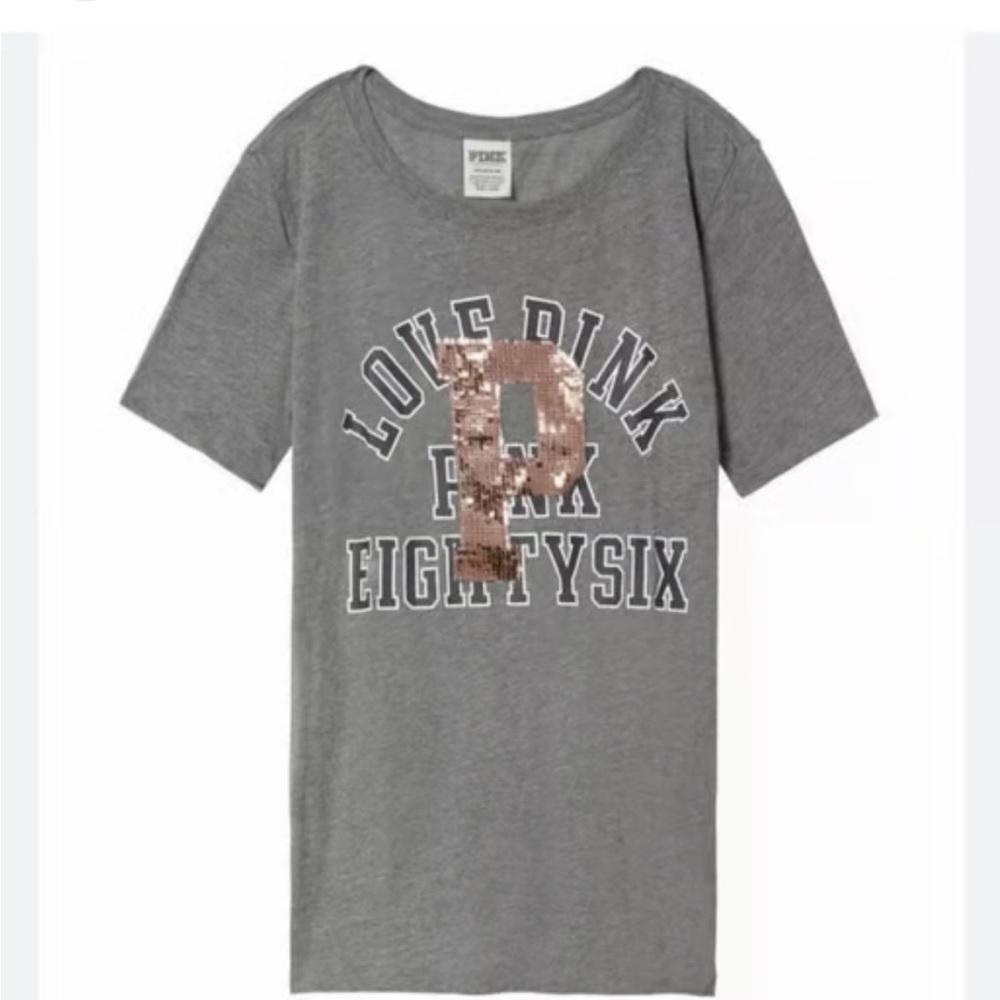 Victoria's Secret PINK Rose Gold Sequin Bling Logo P Tee Shirt size‎ S
